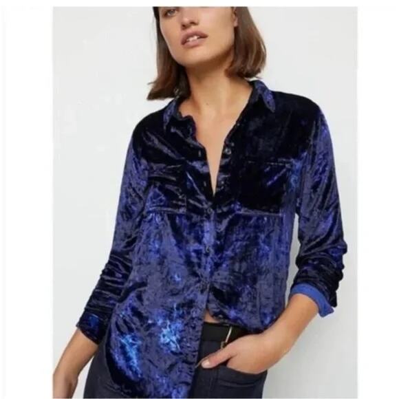 Anthropologie Pilcro Mara Velvet Long Sleeve Button Up Shirt Blue 0 - Picture 6 of 12
